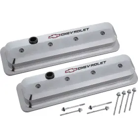 D141843 Proform Auto Parts 1987-02 Slant-edge Cast Aluminum Center Bolt Valve Covers - Bowtie Polished With