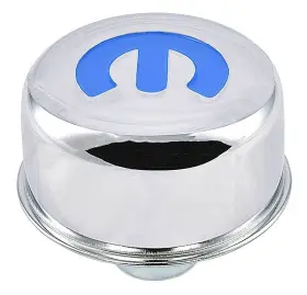 D440616 Proform Auto Parts Mopar Logo 3 Inch Stamped Steel Push-in Breather Cap Chrome With Recessed Blue Omega